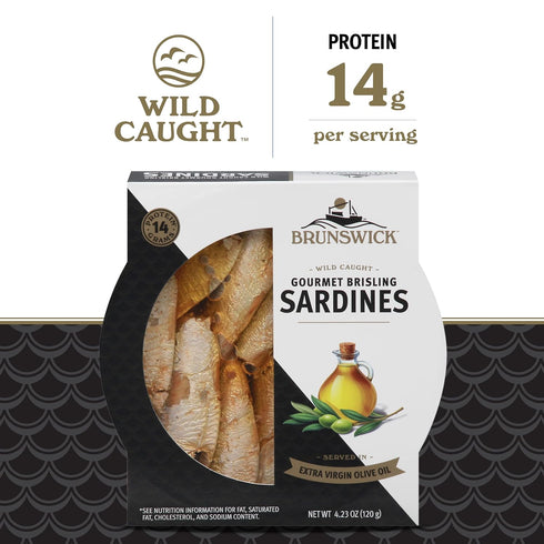4.23 oz (Pack 12) 14g Brunswick Wild Caught Gourmet Brisling Sardines in Extra Virgin Olive Oil, Can of - Protein per