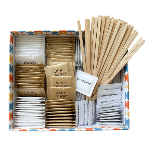 Sugar and Sweetener Packets Assortment with Wooden Coffee Stirrers and Varieties for