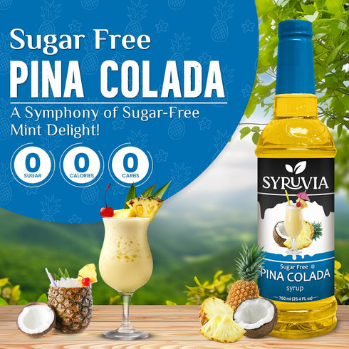 25.4 oz, Syruvia Sugar Free Pina Colada Syrup, Flavored Syrup for Cocktails, Drinks, Lemonades, Iced Teas, and Desserts