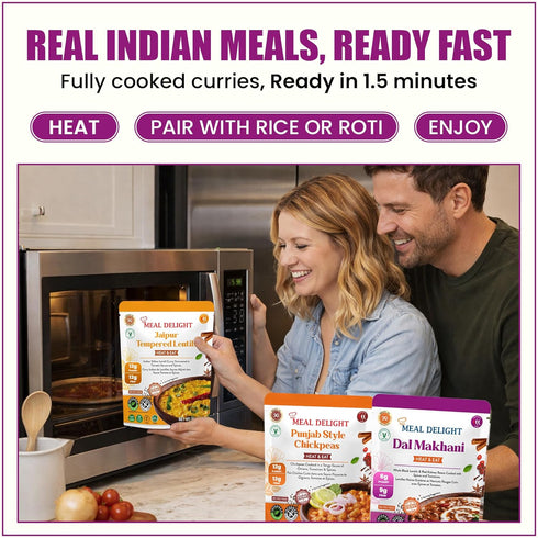 Pack 6, 1.5 6 Pack 10 oz Meal Delight Dal Makhani, Dal Tadka & Chana Masala, Ready to Eat Indian Meals, Variety of Heat