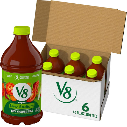 V8 Low Sodium Original 100% Vegetable Juice, 46 fl oz Bottle (Case