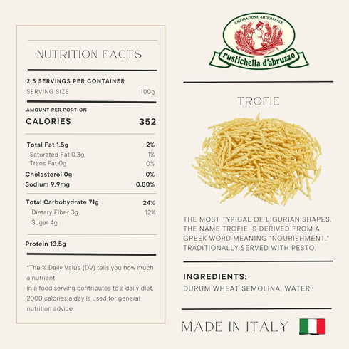Rustichella d'Abruzzo Trofie Pasta, 250g Bag, Authentic Italian Durum Wheat Semolina, Traditional Ligurian Shape