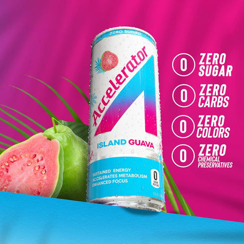 12oz (12 pack), 100% (200mg Accelerator Energy Drink, Island Guava can Zero Sugar, Sustained Energy from Natural