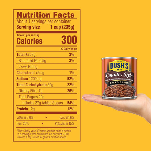 8.3 oz Country (Pack 12) BUSH'S BEST Canned Baked Beans, Style with Bacon and Brown Sugar, Source of Plant Based