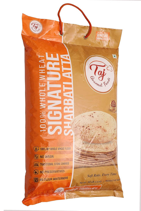 TAJ Gourmet Foods 10lbs, 100% TAJ Signature Sharbati Atta, (Chakki Atta - Stone Ground) Whole Wheat Flour, Chappati
