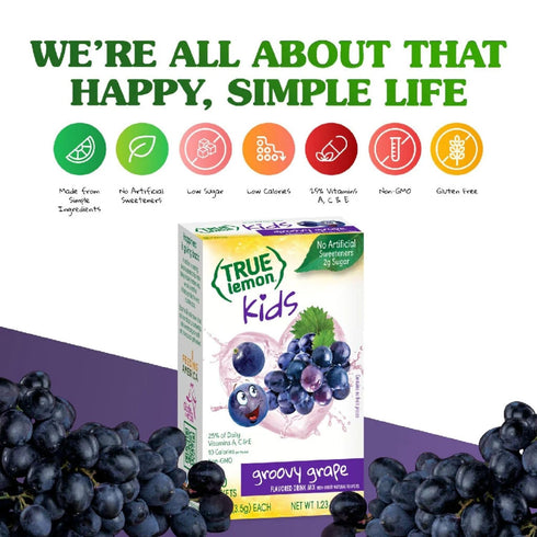 TRUE LEMON KIDS Groovy Grape - 10 Packets for Hydration, Low Sugar Water Flavoring, No Preservatives or Artificial