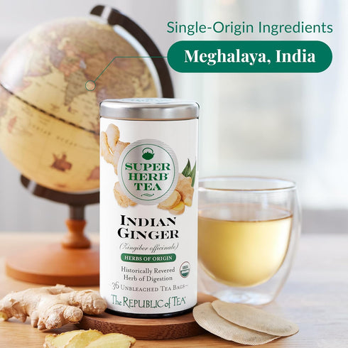 36 The Republic of Tea Organic Indian Ginger SuperHerb Tea Tin, Herbal Tea Bags, Naturally Caffeine-Free Herbs