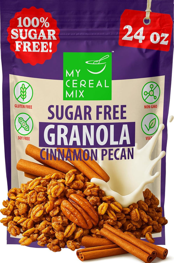 MyCerealMix Sugar Free Granola Cinnamon Pecan 24oz Keto Diabetic Friendly Cereal, High