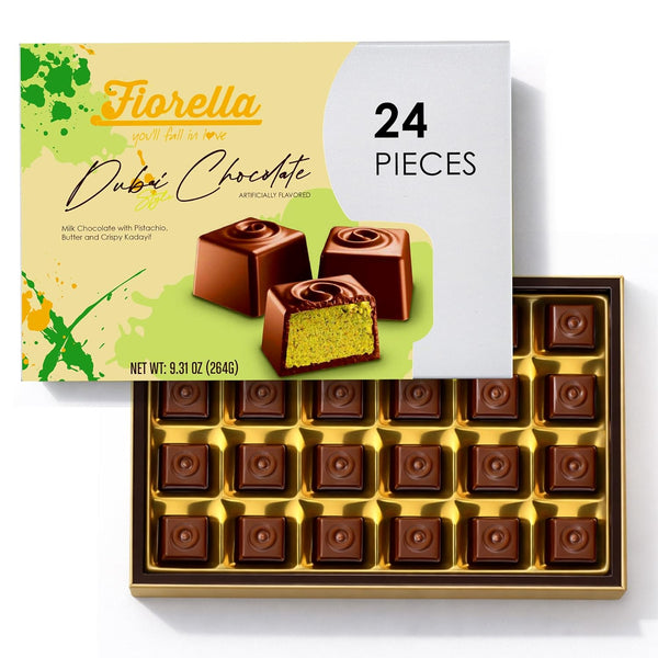 Fiorella Dubai Style Milk Chocolate Pistachio Squares, Filled Chocolate With Pistachio Butter