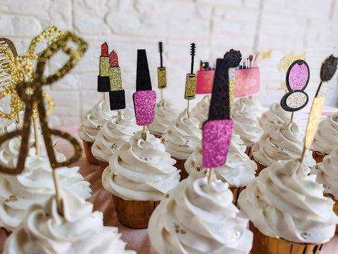 Spa Makeup Cupcake Toppers Decoration Supplies, 24Pcs Gold Glitter for Bridal Shower, Bachelorette, and 18th Birthday