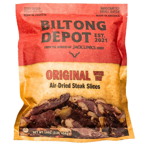 1lb (16oz) Biltong Depot Original Beef Biltong Slices with Fat | Air-Dried Beef Jerky Snack | High Protein | Zero Sugar