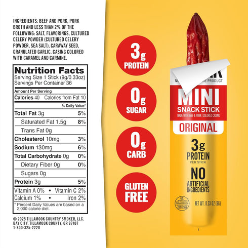 Country 0.33 oz, 48 Tillamook Smoker Zero Sugar Original Mini Smoked Sausages, Ct, Individually Wrapped Beef Sticks