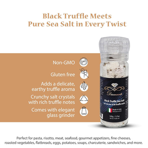 105g Diamante Italy Black Truffle Sea Salt with Glass Grinder - Gourmet Truffle Salt Seasoning - Specialty Seasoning