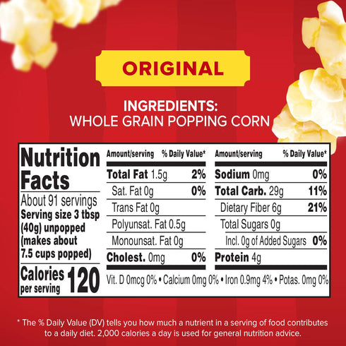4g 8 lb. Orville Redenbacher's Gourmet Popcorn Kernels, Original Yellow, Fiber Per Serving