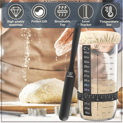 24 oz Upgraded Sourdough Starter Jar Kit Glass Jar with Date Marked Feeding Band, Thermometer, Scraper, Cleaning Brush