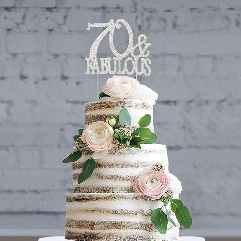 70th Birthday Party Cake Topper - Premium Silver Metal, Sparkly Rhinestone Decoration, 70 and Fabulous, Great