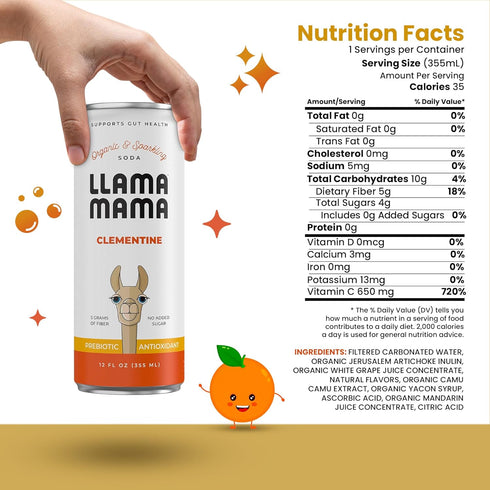 Immune 12 Pack Llama Mama Clementine Organic Sparkling Prebiotic Soda Gut & Support High Vitamin C, Antioxidants NO