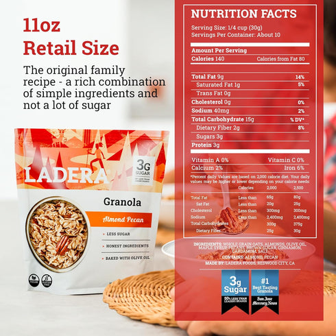 11 OZ Ladera Almond Pecan Granola - Low Sugar Artisanal Breakfast Cereal, Gluten Free & Vegan, Honest Ingredients