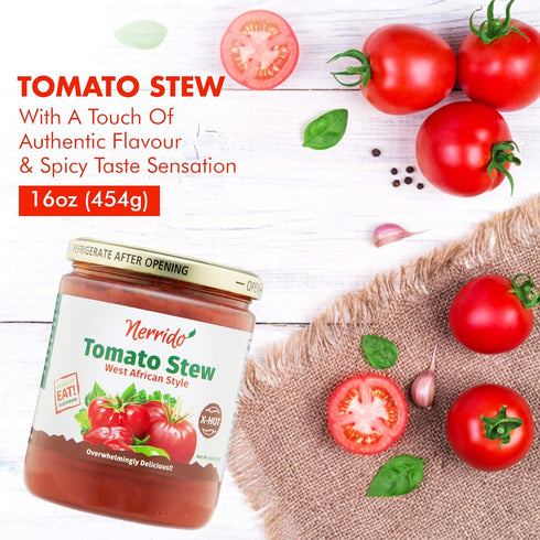 16oz (454g) 4 Pack) Nerrido Canned Tomato Stew &Jollof Rice Red Sauce, African Style Hot Pasta Sauce with Vegetables