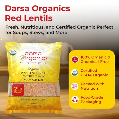 2 lb Darsa Organics Split Red Lentils (Masoor Dal) |USDA Organic, Non-GMO, Vegan, Kosher| Rich in Protein & Fiber |