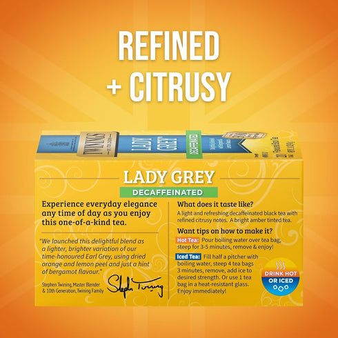 20 Count (Pack 6), 120 Twinings Decaffeinated Lady Grey Black Tea Individually Wrapped Bags, of Orange Peel & Lemon