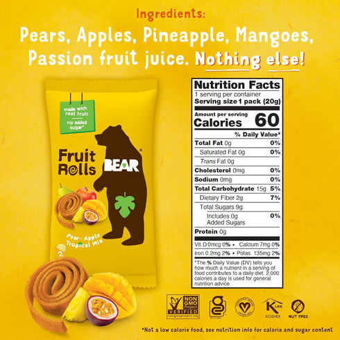 36 0.7 (Pack 18) BEAR Real Fruit Snack Rolls - Gluten Free, Vegan, and Non-GMO - Tropical Rolls, Healthy School