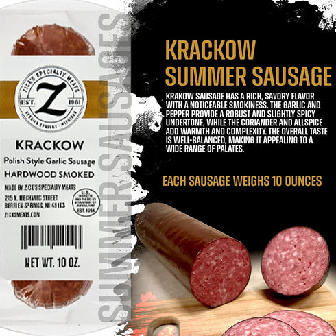 (10 oz) Zick's Krackow Smoked Sausages | Savory Garlic Polish Sausage, Pork & Beef Sausages, Dried Meat Snacks for Any