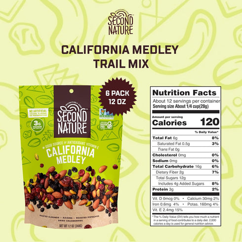 12 oz (Pack 6) Second Nature California Medley Trail Mix - Resealable Snack Pouches of - Certified Gluten-Free Snack
