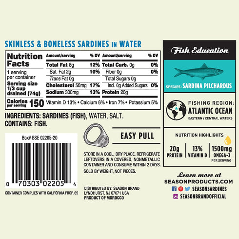 22g 3's 3.75 Oz 12-Pack Season Sardines in Water Skinless & Boneless, Wild Caught, of Protein, Keto Snacks, More Omega