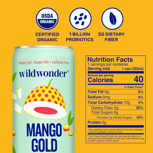 12pk, Immune 5g 12 Pack, 12oz wildwonder Sparkling Probiotic Drink For Gut Health & Support, Mango Gold, Prebiotic