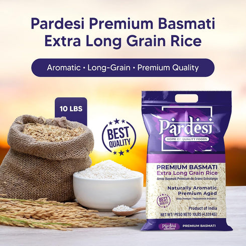 10LB Pardesi Extra Long Grain Basmati Premium Rice - Extra Long Grain Basmati for Biryani, Pulao & Everyday Rice |