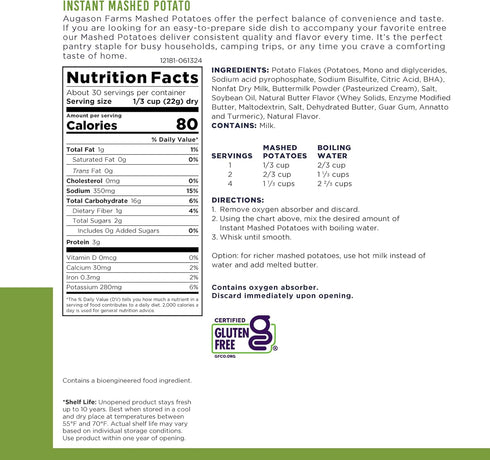 30 10 Instant Mashed Potatoes Emergency Food Supply, Servings, Year Shelf Life, Certified Gluten Free Mashed Potatoes