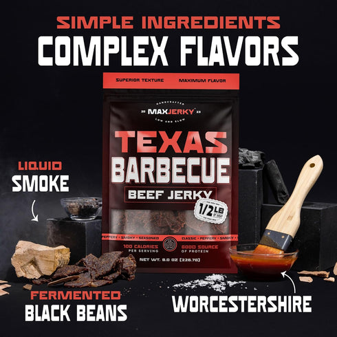 88 8 OZ (2 Pack) MaxJerky Texas Barbecue Beef Jerky, Smoked Pepper Flavored Jerky, Grams of Protein