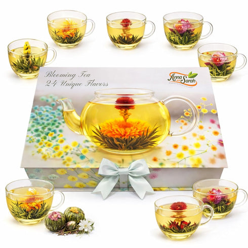 24 Set Blooming Tea & Edible Flower Infusions, Green Tea, Unique Flavors Gift for Everyone Natural, Floral & Aromatic