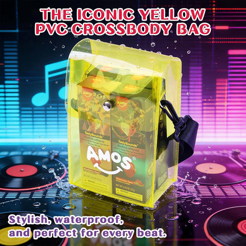 Set 4 Amos TastySounds Wearable Music Lollipop - Flavors & Music Styles with Trendy Yellow PVC Crossbody Bag, Bone