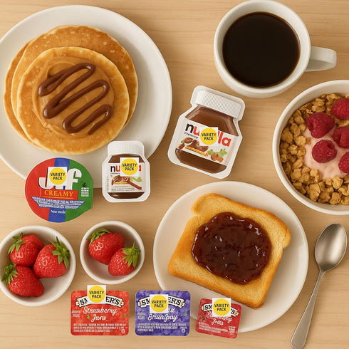 Movelo Pack 40 Packs Breakfast Spreads Variety Single-Serve Portion Cups Peanut Butter, Hazelnut Cocoa Spread
