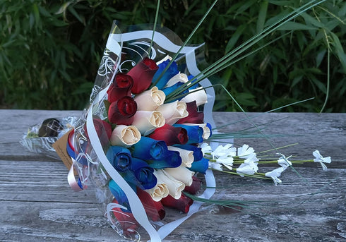 3 Dozen Primitive Patriotic Red with Black Tips, White and Blue with Dark Blue Tips Bouquet