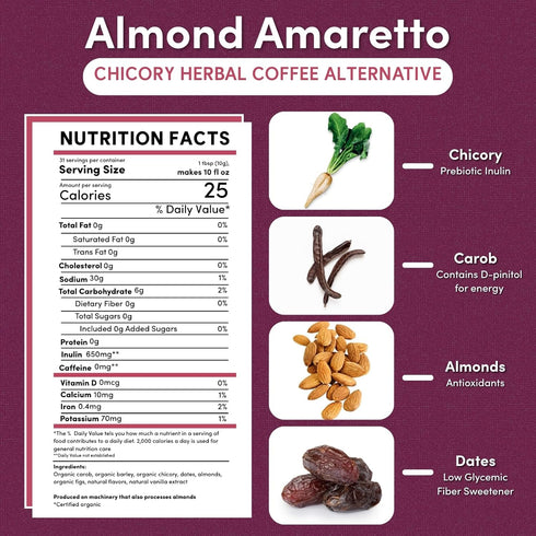 11 Teeccino Almond Amaretto Chicory Coffee Alternative - Ounce - Ground Herbal Coffee Thats Prebiotic, Caffeine Free