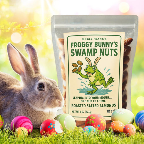 8oz Uncle Franks Froggy Bunnys Swamp Nuts, Roasted Almonds, Funny Easter Gag Gift for Adults, Frog Animal-Themed Snack