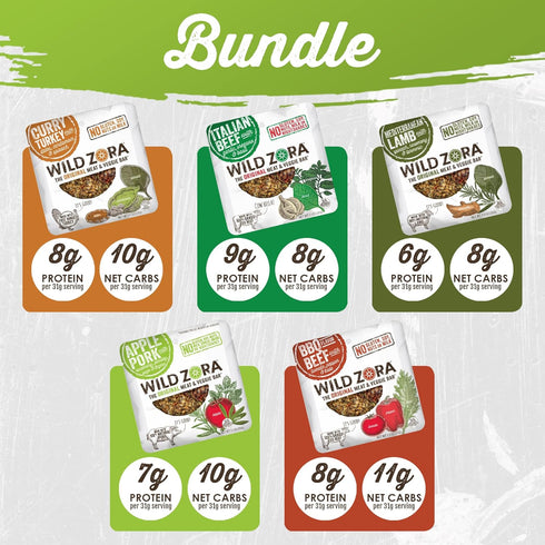 Wild Zora Meat & Veggie Bars, Variety 5-Pack, Natural Jerky Snacks, Healthy Paleo, Gluten Free