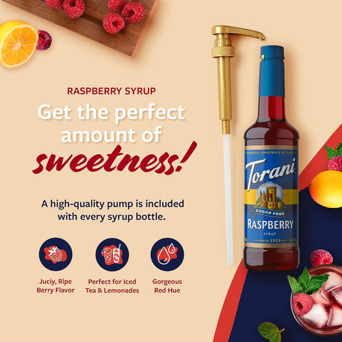 25.4 Oz Torani Sugar Free Syrup, Raspberry Flavored Syrup for Drinks, Zero Calorie, Pump Included, Fl