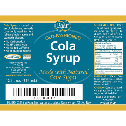 12 Oz. Caffeine Free, Non-carbonated Cola Syrup with Pure Cane Sugar (No High Fructose Corn Syrup), Fl