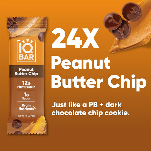 24 Count IQBAR Clean Plant Protein Bars - Peanut Butter Chip - - Keto, Vegan, High Fiber, Gluten and Dairy Free, Low