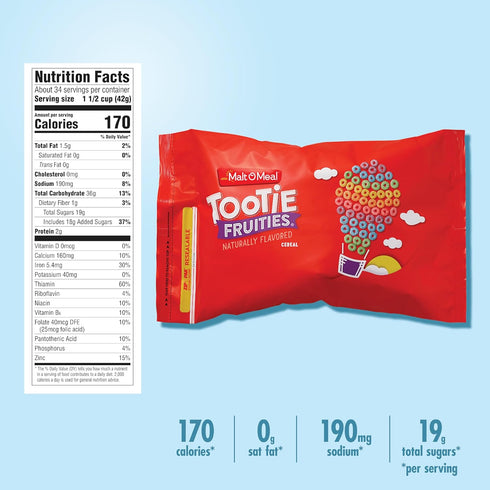 50 OZ Malt-O-Meal Tootie Fruities Breakfast Cereal, Colorful and Fruity Cereal for the Family, Family Cereal Size