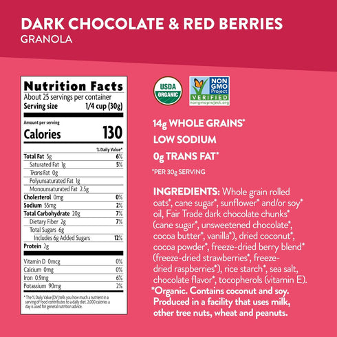 26.4 oz (Pack 1), Love Crunch Organic Dark Chocolate & Red Berries Granola, of Vegan, Non-GMO, Fair Trade, by Nature's