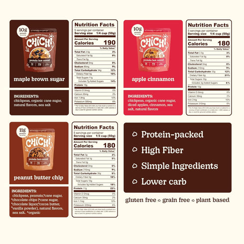 (3 pack (15 Multipack) Protein-Packed (10-11g), ChiChi Protein Hot Cereal | Apple Cinnamon, Maple Brown Sugar, Peanut
