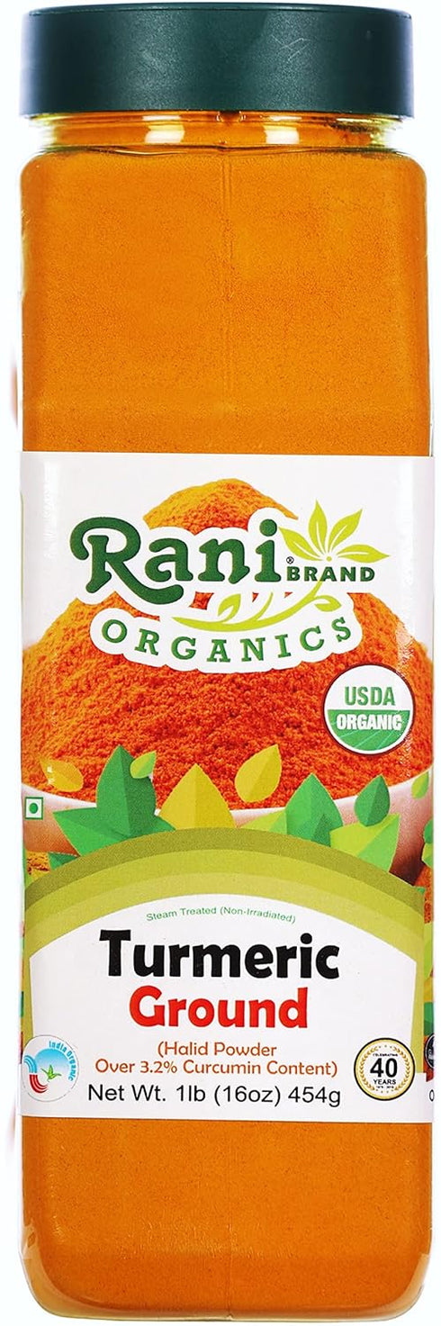 Rani Organic Turmeric (Haldi) Root Powder Spice, High Curcumin Content, 16oz (1lb) PET Jar, USDA Certified Organic