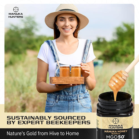 50+ 100% 8.8oz/250g Manuka Hunters/MGO Certified New Zealand Manuka Honey - Pure Natural Sweetener - Gluten, Dairy Free