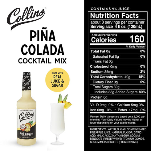 32 oz Collins Pina Colada Mix | Made With Real Pineapple Juice, Coconut and Other Natural Flavors | Tropical Cocktail