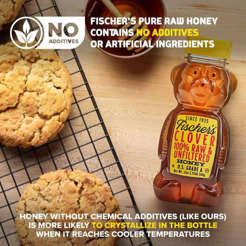 12 Oz 100% Fischer's Clover Honey, Pure, Raw & Unfiltered Honey Squeezable Bear Bottle Gluten-Free, Non-GMO All-Natural